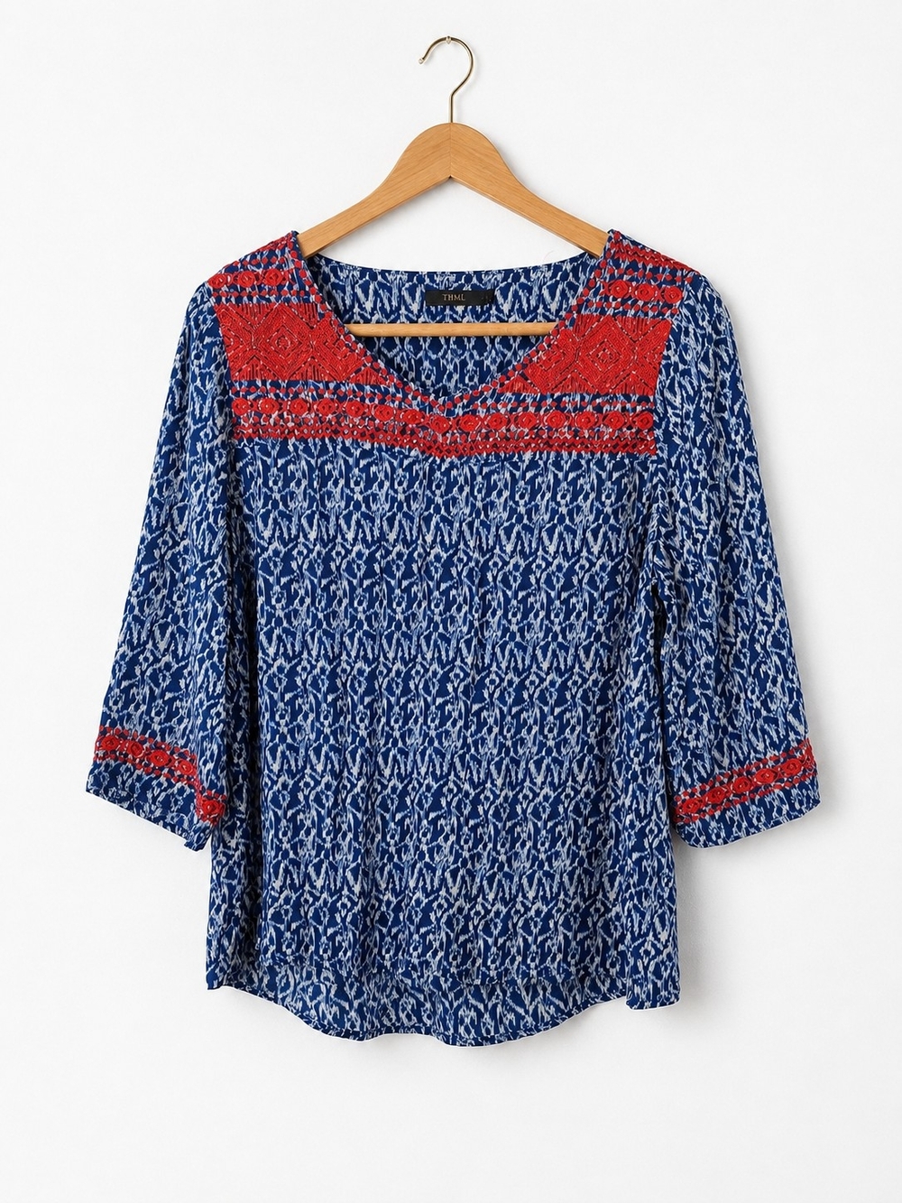 THML Blue Ikat Embroidered Boho Peasant Top Red Embroidery 3/4 Sleeve Women's - Picture 3 of 6